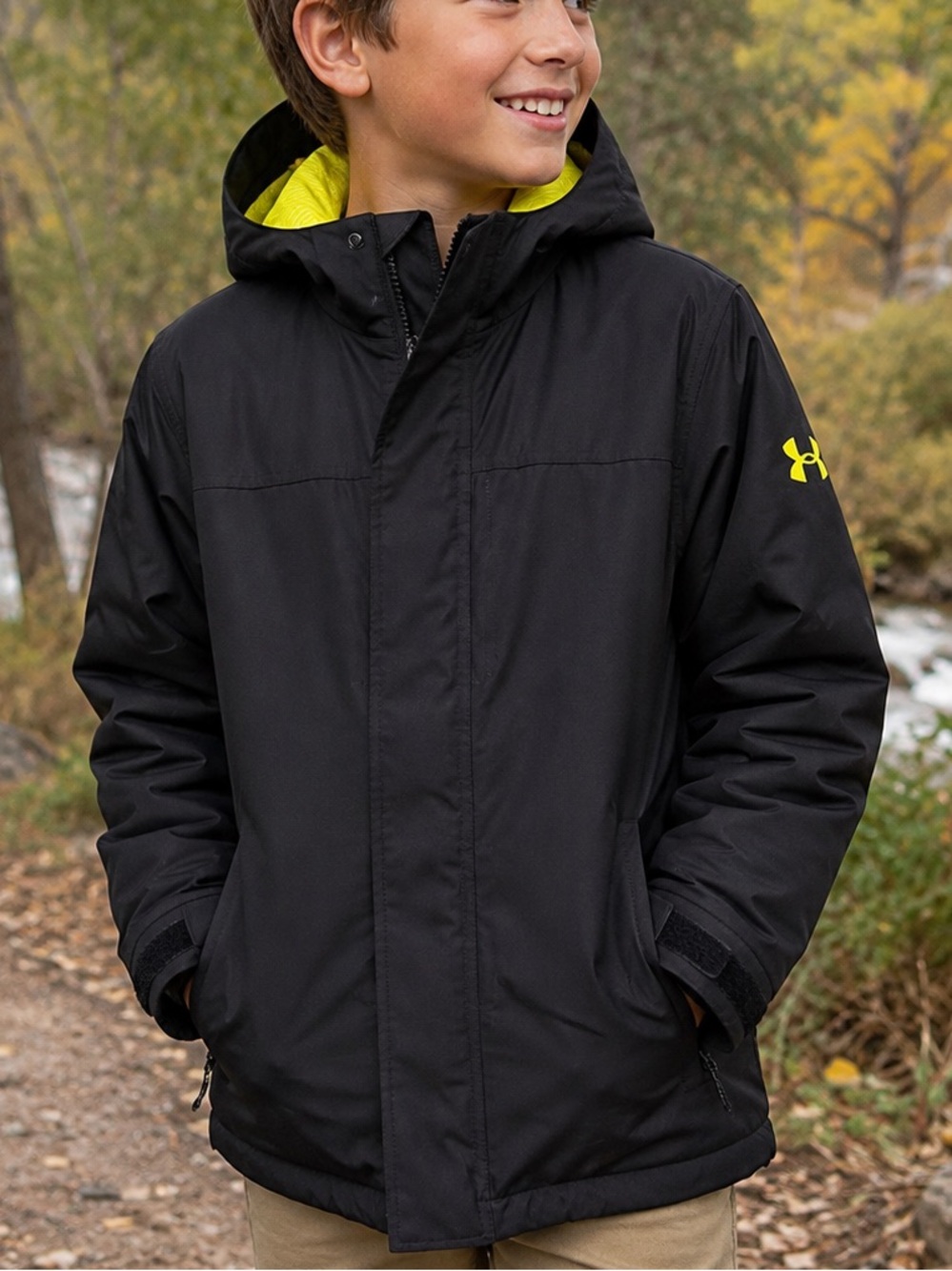 Under Armour Boys M ColdGear Infrared Black Hooded Jacket Yellow Lined